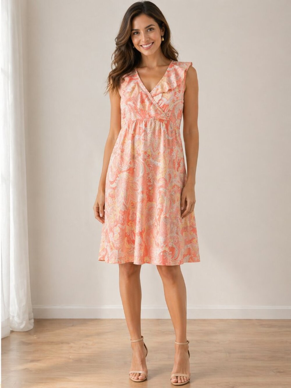 Caribbean Joe Paisley Dress Sleeveless Faux Wrap Stretch Cotton Pink Coral L